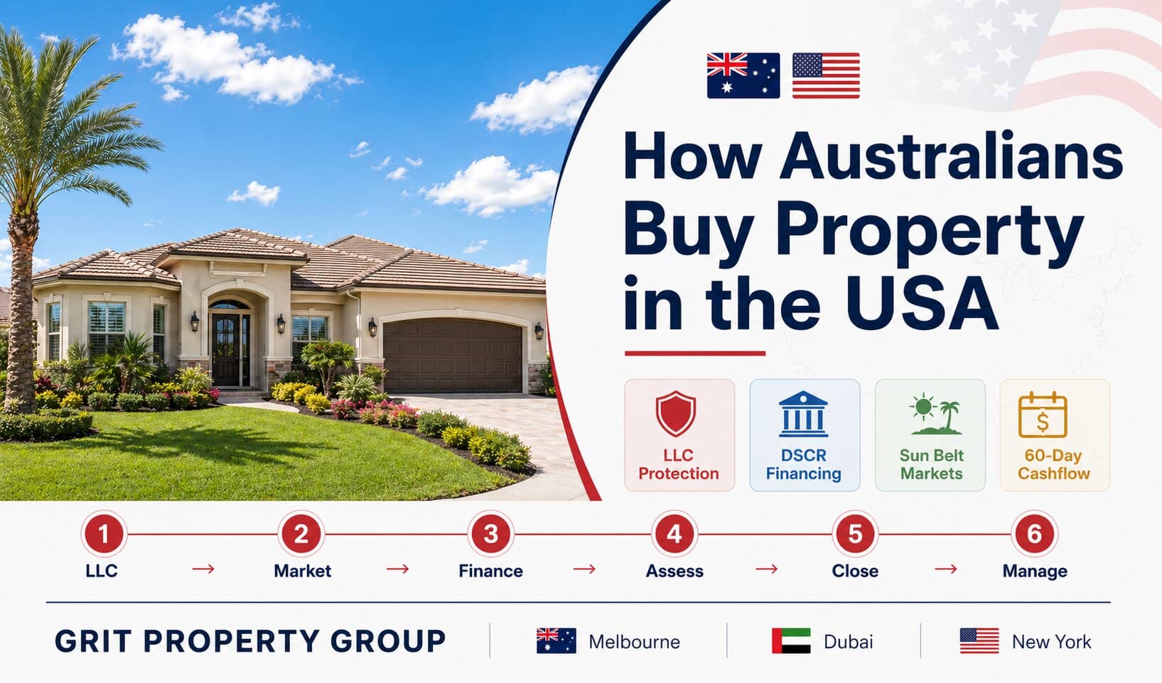 How Australians buy property in the USA — 6 steps from LLC setup to first rental income covering DSCR loans, Sun Belt markets and remote closing